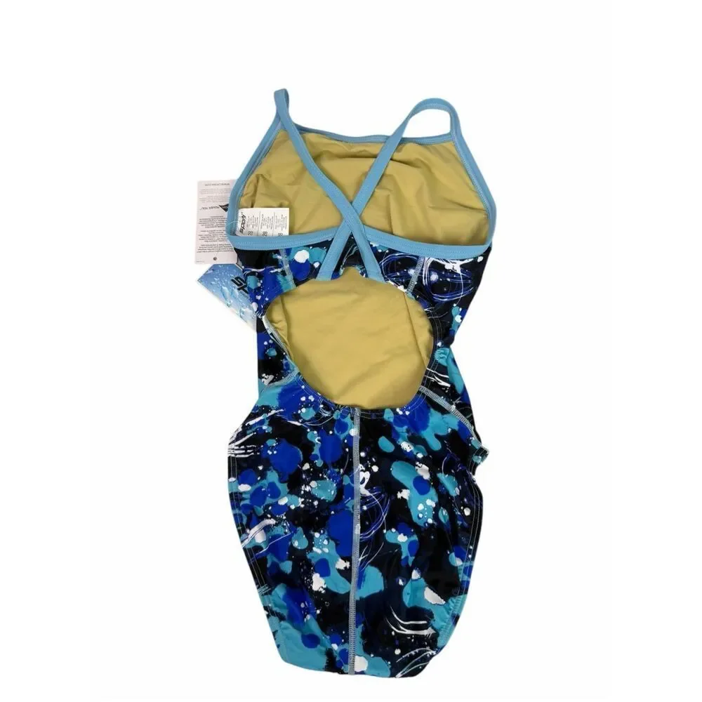 Sporti Youth 28 Paint Splatter Thin Strap One Piece Swimsuit Blue